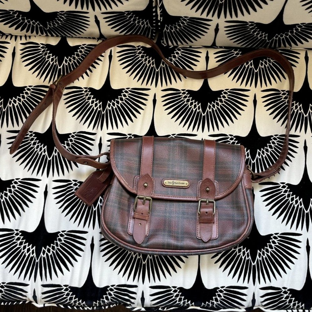 Polo Ralph Lauren VTG Blackwatch Bridle Leather Brown Plaid Messenger Purse